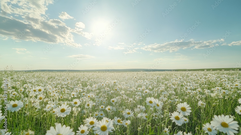 A vast field of blooming daisies stretching to the horizon under a clear, sunny sky, creating a picturesque scene. A vast field of blooming daisies stretching to the horizon under a clear, sunny sky, creating a picturesque scene.