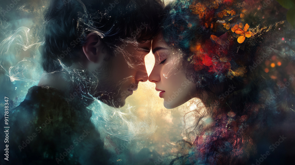 A man and a woman stand close to each other, their foreheads touching. Light patterns intertwine in their hair and the surrounding environment, creating a magical atmosphere A man and a woman stand close to each other, their foreheads touching. Light patterns intertwine in their hair and the surrounding environment, creating a magical atmosphere