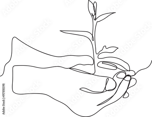 Single line drawing of a hand holding the seeds of a plant to be planted, line art vector illustration of Environment Day.