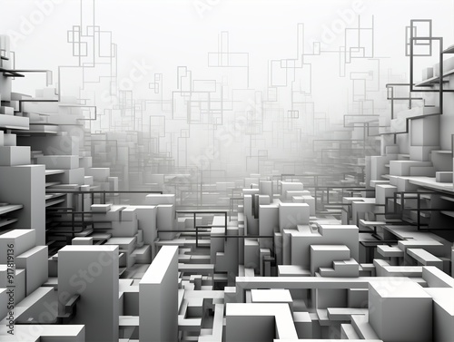 Futuristic, abstract city skyline in grayscale, showcasing modular architecture.