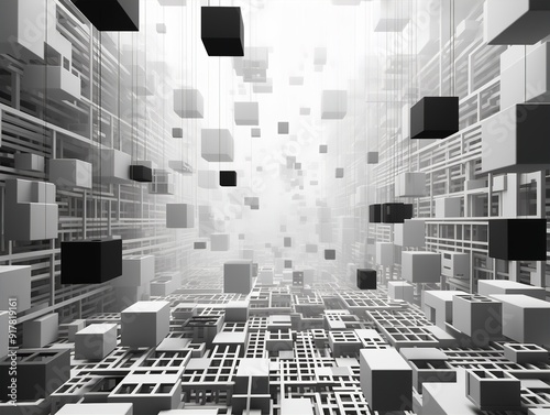 Futuristic, abstract city skyline in grayscale, showcasing modular architecture.