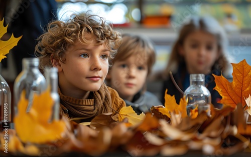 Autumn Science Lab with students examining leaves and natural specimens, handson fallthemed learning, HandsOn Education photo