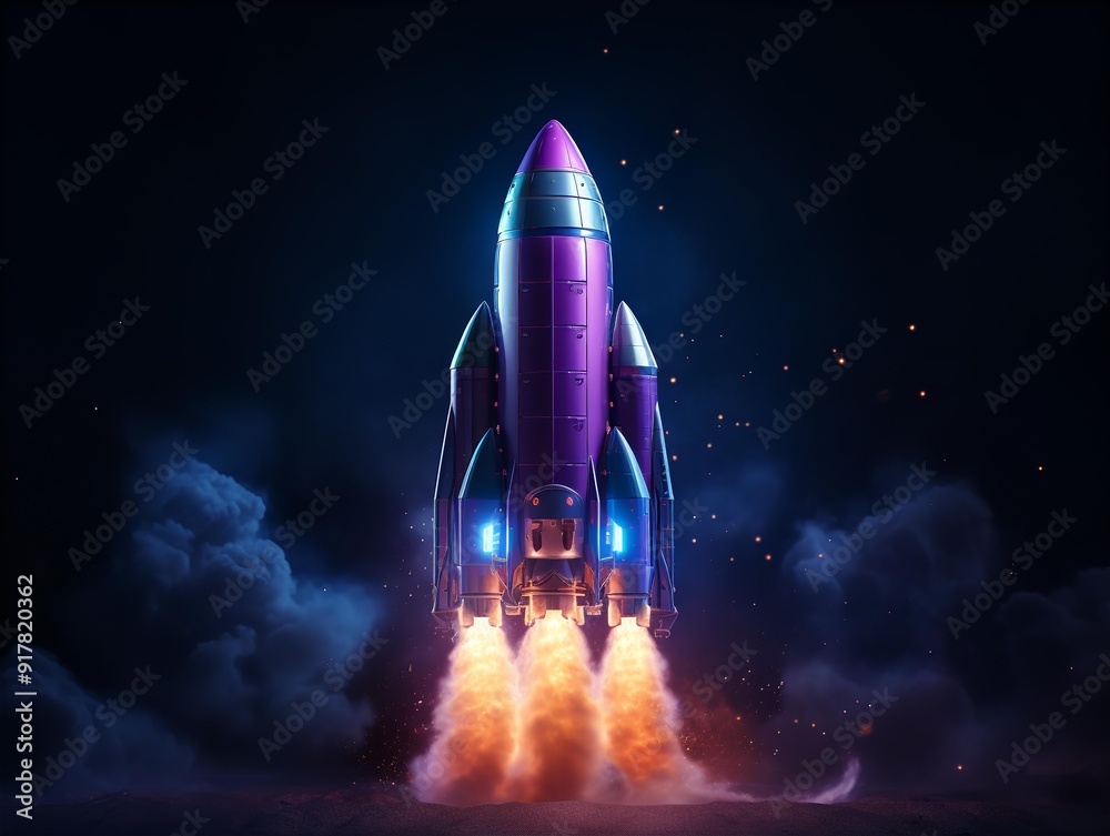 Obraz premium A striking 3D render of a vibrant blue rocket launching into a dark space background.
