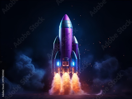 A striking 3D render of a vibrant blue rocket launching into a dark space background. photo