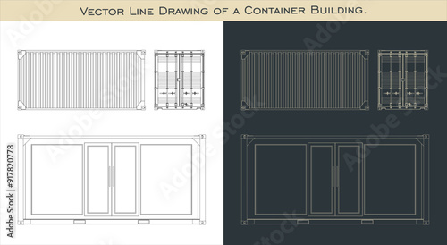 Vector 20ft Cargo Container technical line drawings from all view top corner side back isolated in transparent background 