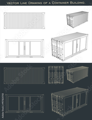 Set Container building technical line drawings. blueprint wireframe from all view top corner side back isolated in transparent background 