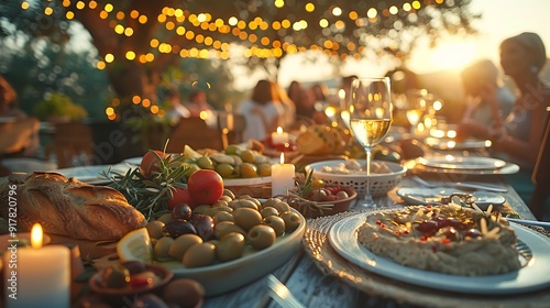 A cozy Mediterranean dinner party, long table set with a variety of olives, hummus, and bread, guests enjoying the evening, warm sunset lighting creating a golden glow,