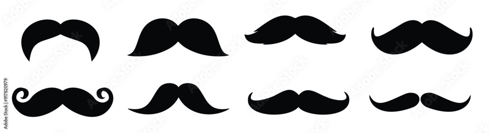 Set of moustache icons. Decorative elements for booth. Men and fathers symbol. Vector black isolated silhouettes