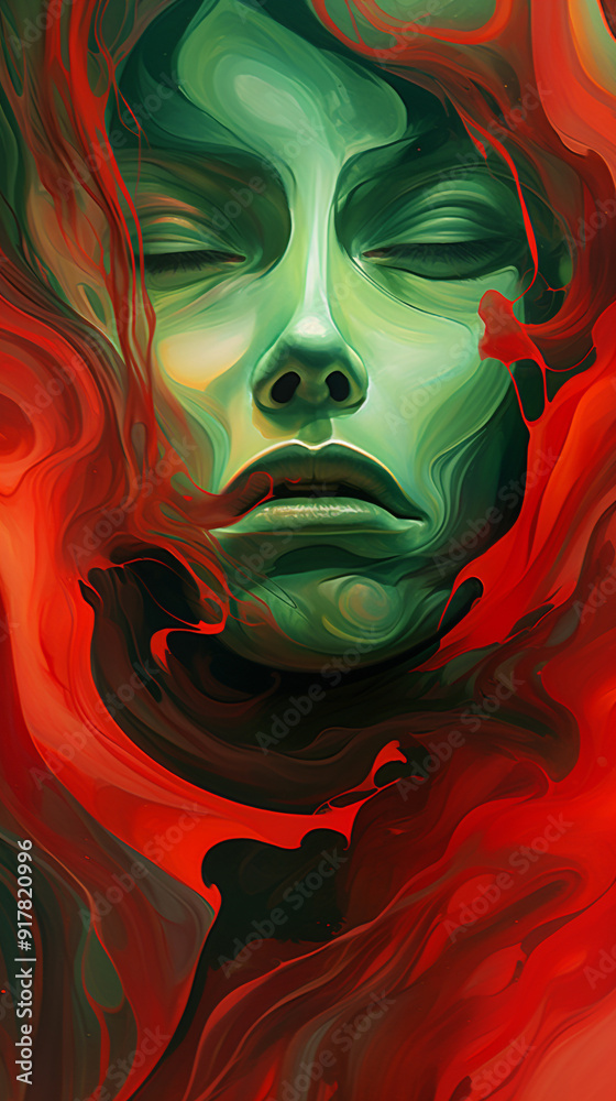 Fototapeta premium Abstract Portrait of a Woman Immersed in Swirling Red and Green Hues