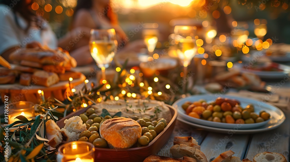 A Mediterranean dinner party, long table set with olives, hummus, and fresh bread, guests enjoying the meal with glasses of wine, vibrant sunset lighting, rustic decor with olive branches and candles, A Mediterranean dinner party, long table set with olives, hummus, and fresh bread, guests enjoying the meal with glasses of wine, vibrant sunset lighting, rustic decor with olive branches and candles,