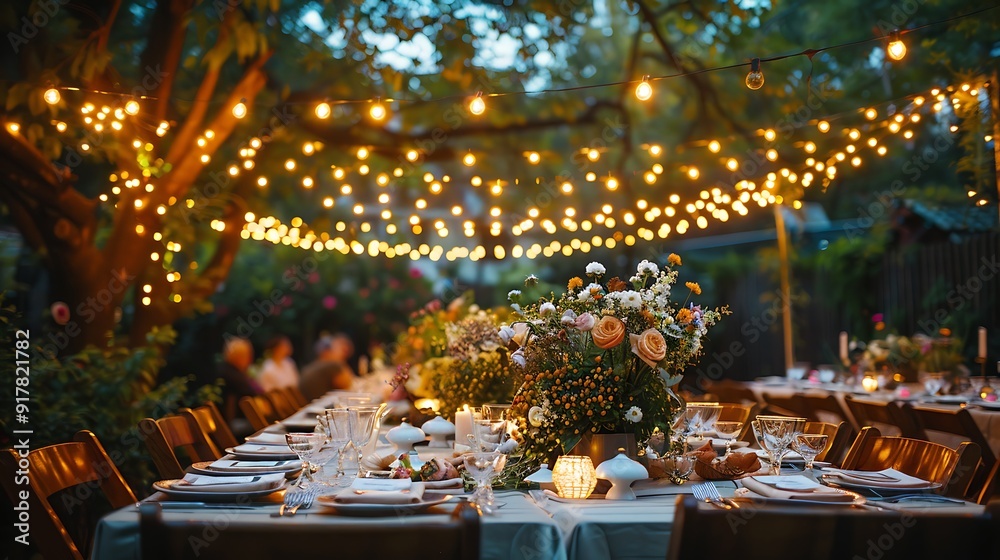 A photograph of an elegant outdoor garden dinner party, fairy lights strung overhead, beautifully set tables with white linens and floral centerpieces, dusk lighting creating a warm ambiance,