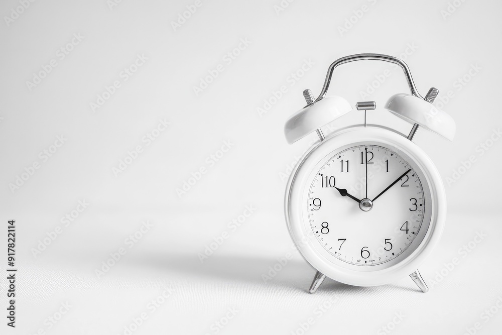 White alarm clock with black hands set to 12 o'clock on white background. White alarm clock with black hands set to 12 o'clock on white background.