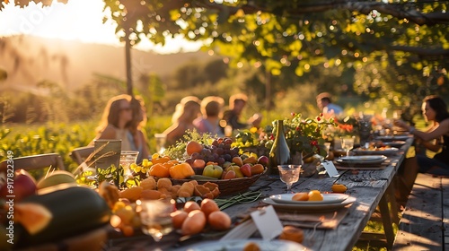 A serene farm-to-table dinner party, long wooden table set with fresh produce and rustic tableware, guests enjoying a meal in a beautiful farm setting, warm sunlight creating a welcoming ambiance,