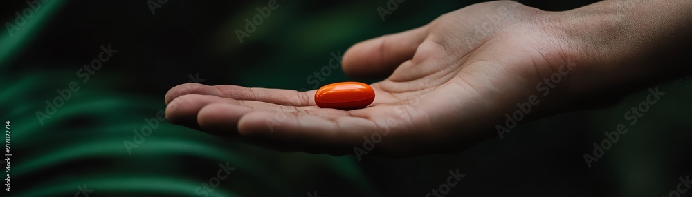 Detailed view of a single supplement capsule resting on a palm with blurred background, supplement, comprehensive support Detailed view of a single supplement capsule resting on a palm with blurred background, supplement, comprehensive support