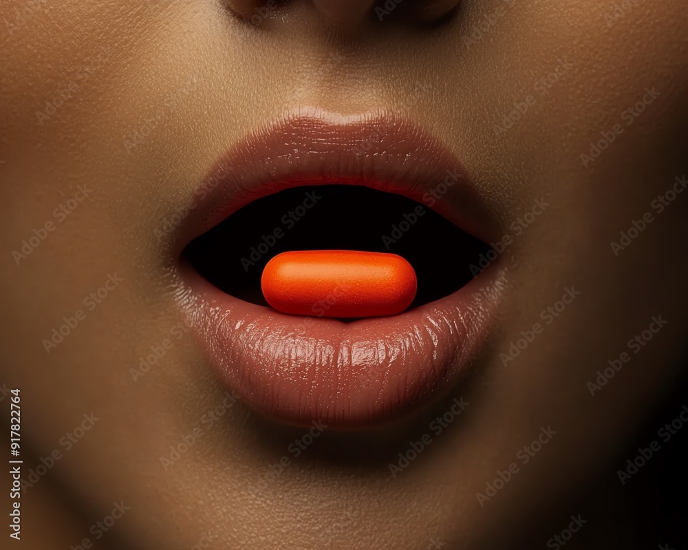 Naklejka premium Detailed view of a supplement tablet being placed on a tongue, ready to be swallowed, supplement, immune support boost