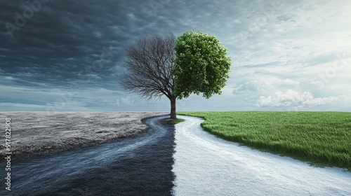 A tree with half dead branches stands in a field split in two by a winding path. The path is surrounded by lush green grass on one side and dry, cracked ground on the other.