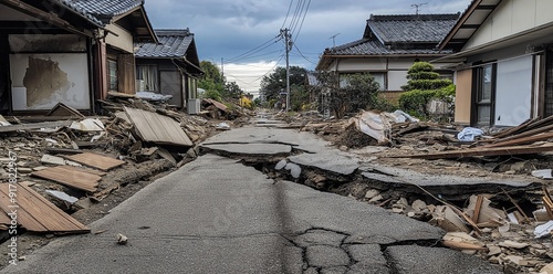 A photo shows the wide view after an earthquake in Japan, with houses collapsed, cracked, or damaged with cracks on their  walls