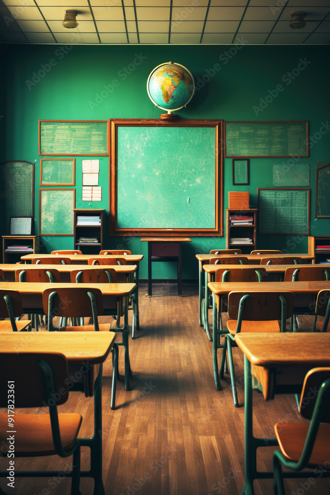 generated illustration of empty classroom with many wooden chairs generated illustration of empty classroom with many wooden chairs