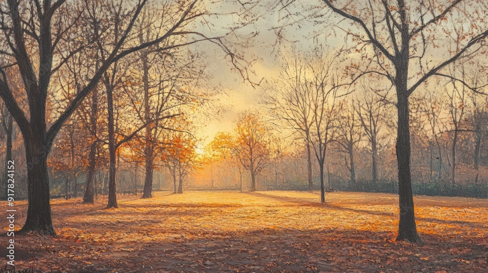 An autumn park scene with bare trees, scattered leaves, and a soft, golden glow from the setting sun. An autumn park scene with bare trees, scattered leaves, and a soft, golden glow from the setting sun.