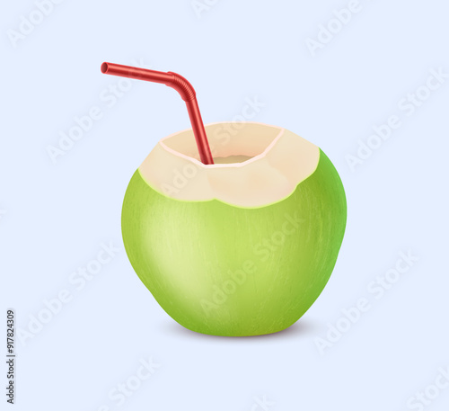 Green coconut with straw realistic vector illustration. Exotic refreshing drink. Nut shell with fresh milk 3d object on light background