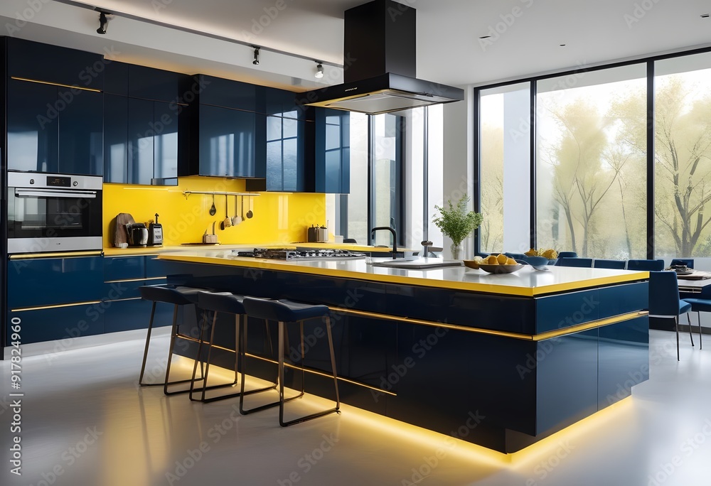A modern kitchen with black cabinets and yellow countertops. The kitchen has a sleek and minimalist design with stainless steel appliances and large windows that let in natural light A modern kitchen with black cabinets and yellow countertops. The kitchen has a sleek and minimalist design with stainless steel appliances and large windows that let in natural light