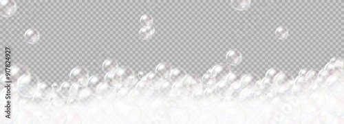 Realistic vector illustration of soap foam bubble. Illustrating cleaning supplies and frothy bath experience rendered in 3d with transparency