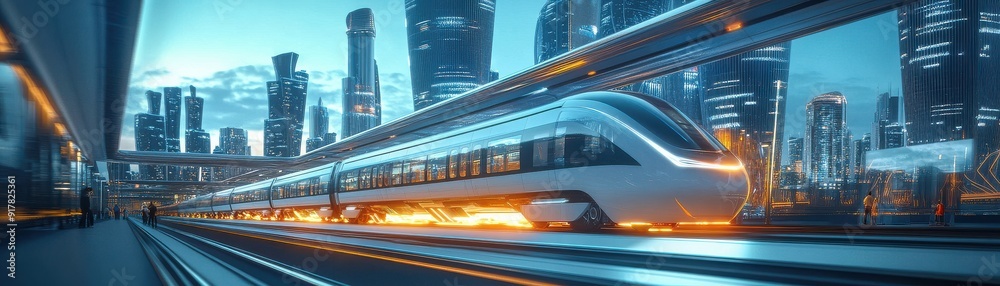Futuristic train on high-speed rail in a vibrant urban landscape, showcasing modern architecture and advanced transportation technology. Futuristic train on high-speed rail in a vibrant urban landscape, showcasing modern architecture and advanced transportation technology.