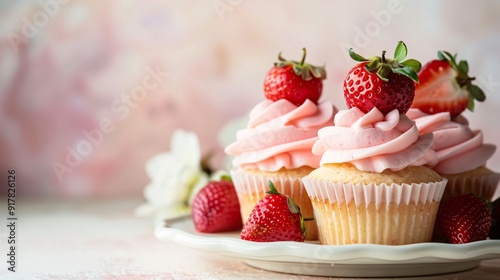 Freshly baked strawberry cupcakes with pink frosting topped with strawberries sit on a plate, complemented by scattered fresh strawberries in a warm, inviting kitchen
