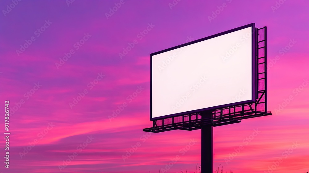 Obraz premium Blank billboard against vibrant pink sunset sky, Empty billboard with a white screen standing against a striking pink and purple sunset, ideal for advertising concepts or outdoor campaigns. 