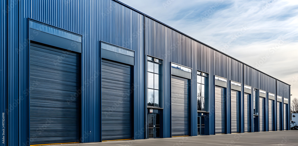 A Row of Blue Metal Buildings with Black Roller Doors, Featuring Industrial Architecture and Modern Storage Solutions, Emphasizing Durability and Functional Design in a Contemporary Urban Setting A Row of Blue Metal Buildings with Black Roller Doors, Featuring Industrial Architecture and Modern Storage Solutions, Emphasizing Durability and Functional Design in a Contemporary Urban Setting