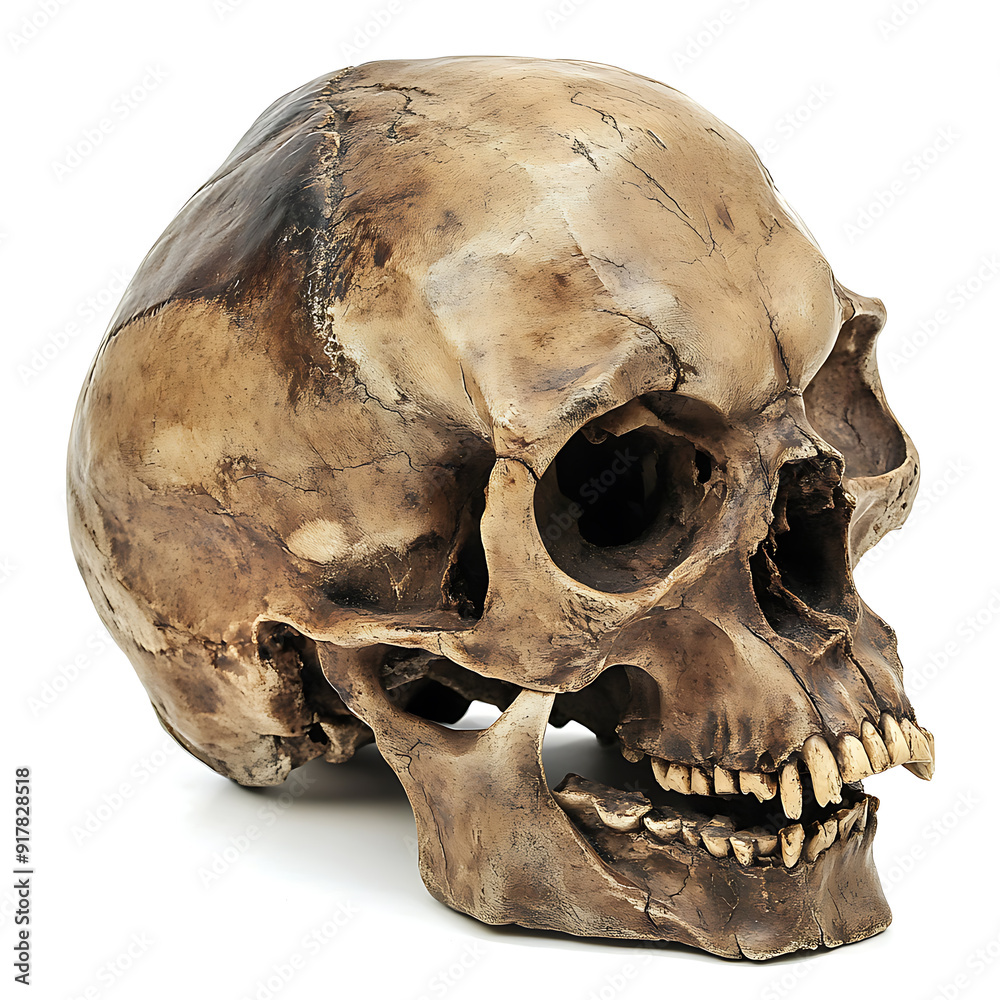 Skull, white background, traces of biological civilization Skull, white background, traces of biological civilization