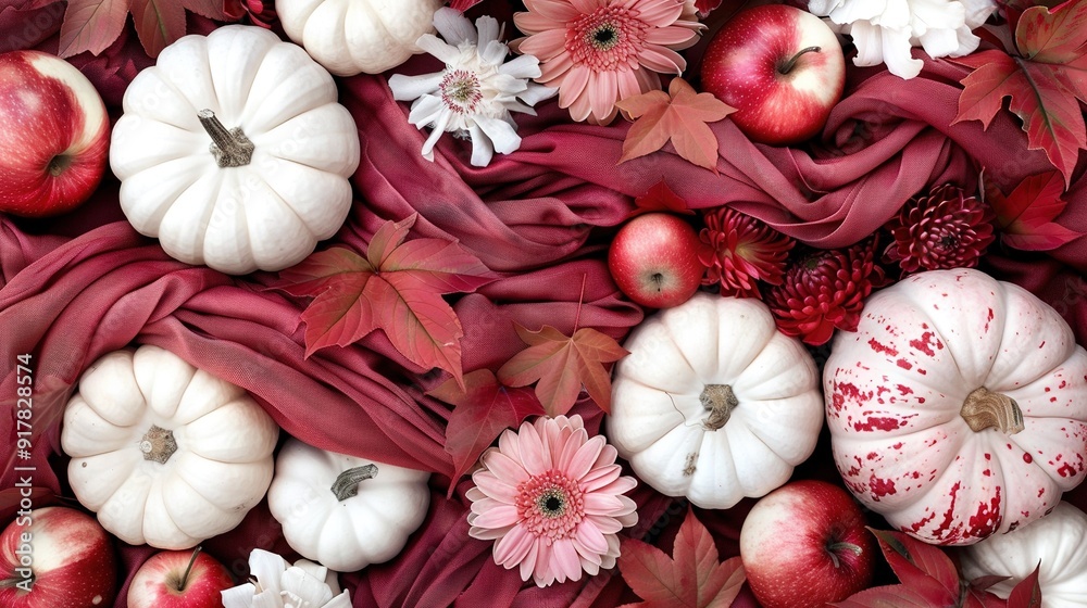 A stack of white and red pumpkins, apples, and flowers with a red cloth on top A stack of white and red pumpkins, apples, and flowers with a red cloth on top