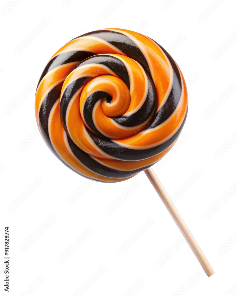 A Halloween lollipop featuring a swirl pattern with orange, black, and white stripes. A festive sweet treat for the spooky season. Isolated on transparent background, png. A Halloween lollipop featuring a swirl pattern with orange, black, and white stripes. A festive sweet treat for the spooky season. Isolated on transparent background, png.
