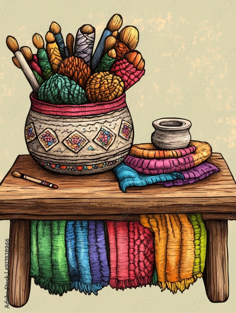Colorful Woven Textile and Hand-Painted Pot on Wooden Stool Colorful Woven Textile and Hand-Painted Pot on Wooden Stool