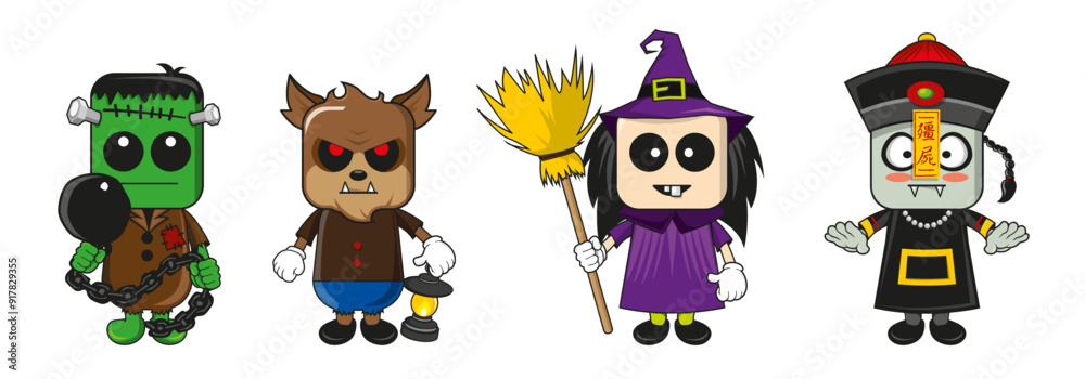 Obraz premium Set of cartoon halloween costume characters. Vector cartoon set of spooky magic creatures.