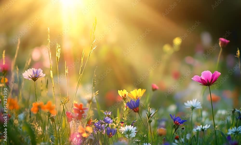 A meadow filled with vibrant wildflowers basking in the warm glow of the setting sun. A meadow filled with vibrant wildflowers basking in the warm glow of the setting sun.