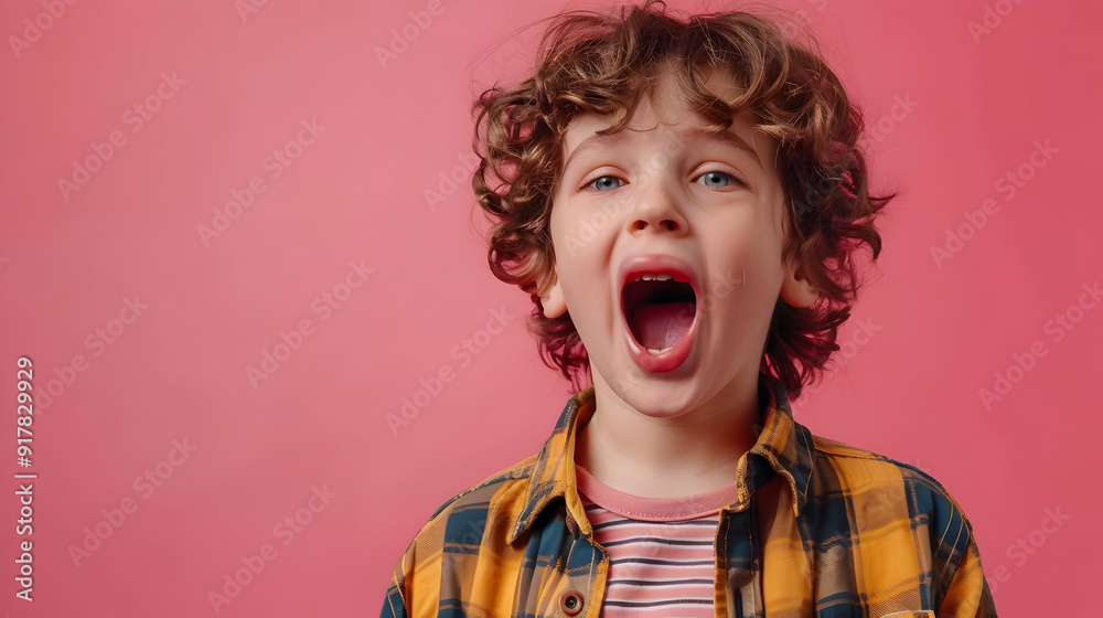 Boy with Curly Hair Screaming with Open Mouth, Copy Space Boy with Curly Hair Screaming with Open Mouth, Copy Space