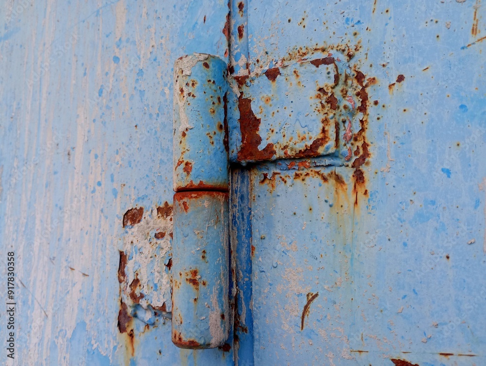 Old rusty curtain of blue color on metal door. Industrial backgrounds with old metal surfaces with traces and spots of red rust protruding from damaged areas. Old rusty curtain of blue color on metal door. Industrial backgrounds with old metal surfaces with traces and spots of red rust protruding from damaged areas.