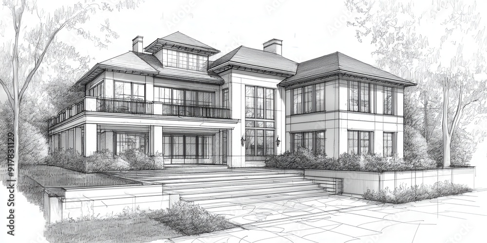 A drawing of a large house with a lot of windows and a balcony A drawing of a large house with a lot of windows and a balcony