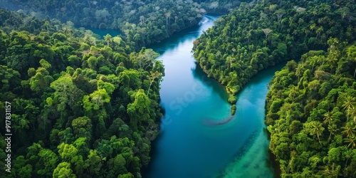 Aerial View of a Winding River Through Lush Rainforest