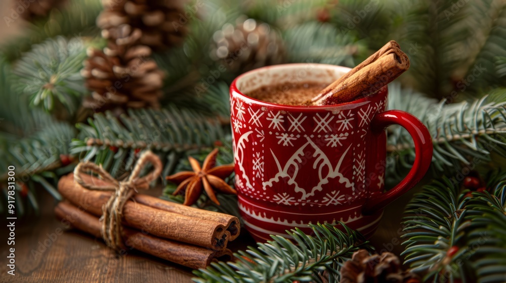 Red ceramic mug with white snowflakes on the surface, filled with hot drink and decorative cinnamon. The mug stands on a wooden table surrounded by pine branches and pine cones. Red ceramic mug with white snowflakes on the surface, filled with hot drink and decorative cinnamon. The mug stands on a wooden table surrounded by pine branches and pine cones.