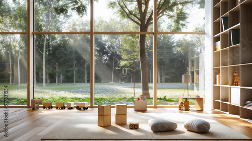 Playroom interior with garden view, version 3