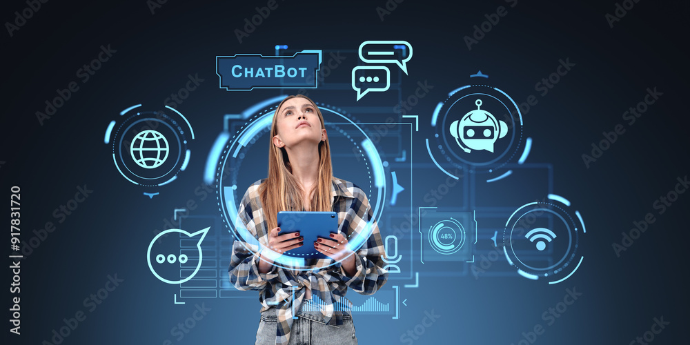 Fotografie Woman using tablet, AI icons hologram, bot and machine learning