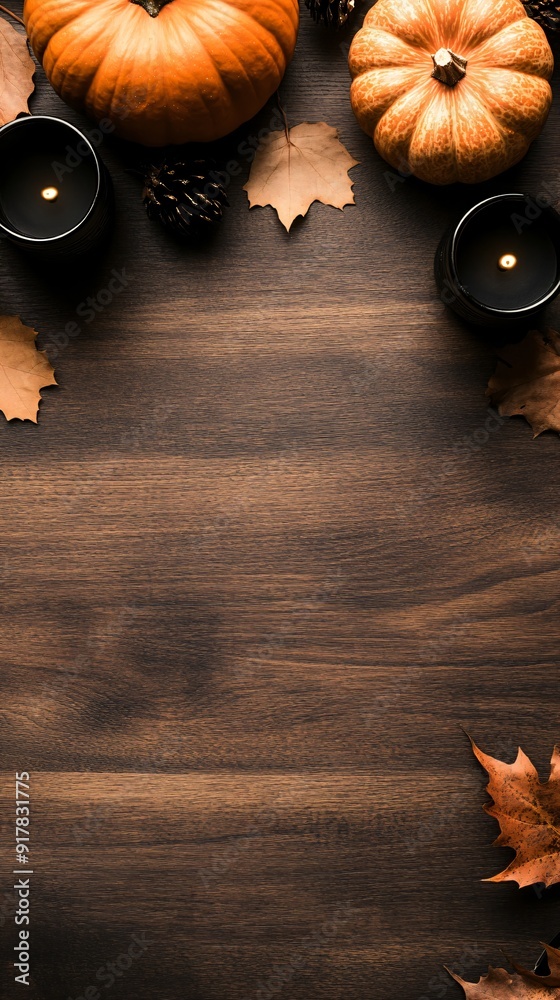 Rustic Halloween composition with pumpkins, black candles, and dried leaves on wooden surface, perfect for autumnal decorations and holiday advertising