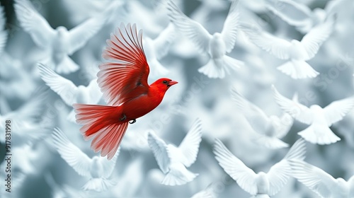 Close-up of a red bird flying distinctively among a group of white birds, highlighting the contrast and movement.