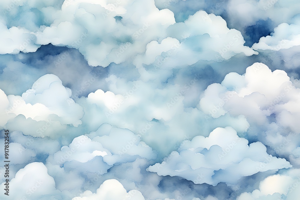 Naklejka premium Dreamy watercolor clouds in pastel blues and whites background, AI Generated