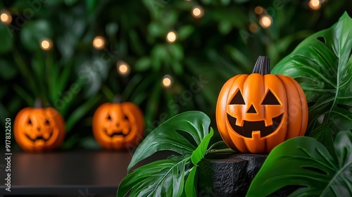 A Halloween twist on tropical plants with jack-o'-lanterns nestled among palm leaves. photo