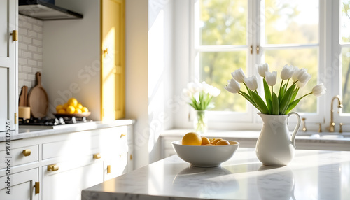 Bright White Kitchen with Tulips and Lemons: Modern Farmhouse Decor