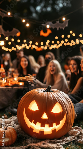 Halloween party with glowing Jack-o'-lantern and friends.