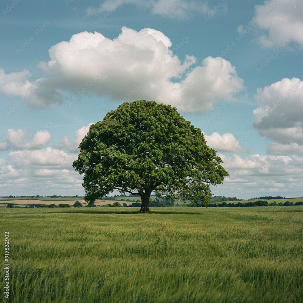 A huge tree on the lawn under the blue sky